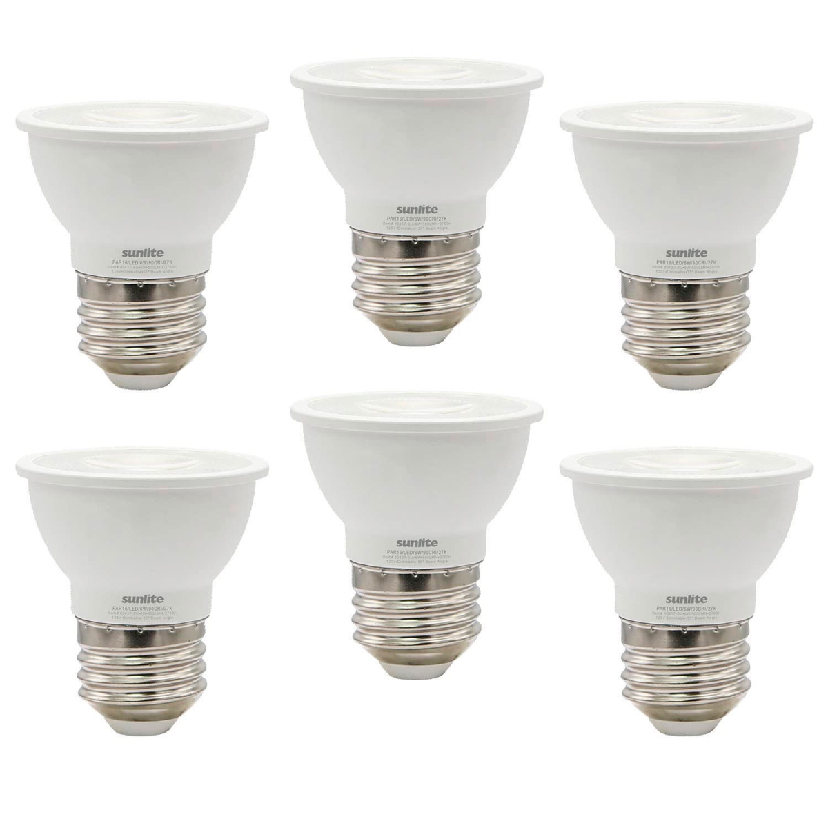 B3166891 Sunlite LED PAR16 Recessed Floodlight Bulb - E26 Base - 6W - 500 Lumens - 27K - Soft White - Pack of 6
