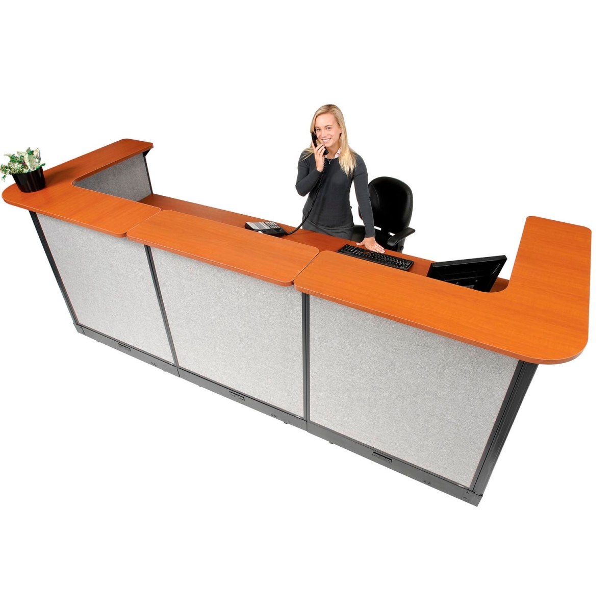 Picture of Global Industrial 3667618 Interion U-Shaped Electric Reception Station Counter Gray Panel - 124 x 44 x 46 in. - Cherry