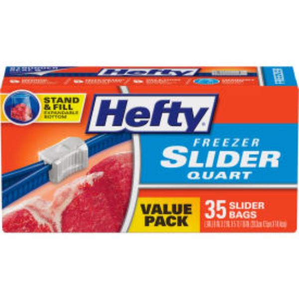 Picture of United Stationers Supply B1505517 Hefty One Zip Slider Freezer Bags - 1 qt. - 7 x 8 in. - 2.5 Mil - Clear - Pack of 35
