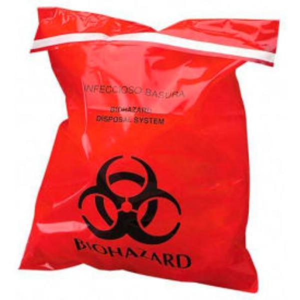 B170801 Red Stick-On Biohazard Waste Bags - 2 mil - 12 x 14 in. - Box of 100
