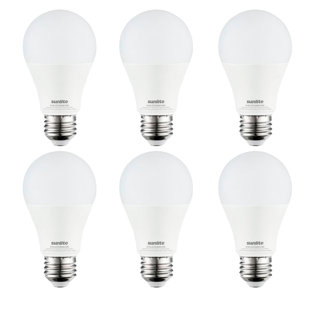 B3166849 Sunlite LED A19 Light Bulb - E26 Base - 9W - 810 Lumens - 3000K - Warm White - Pack of 6