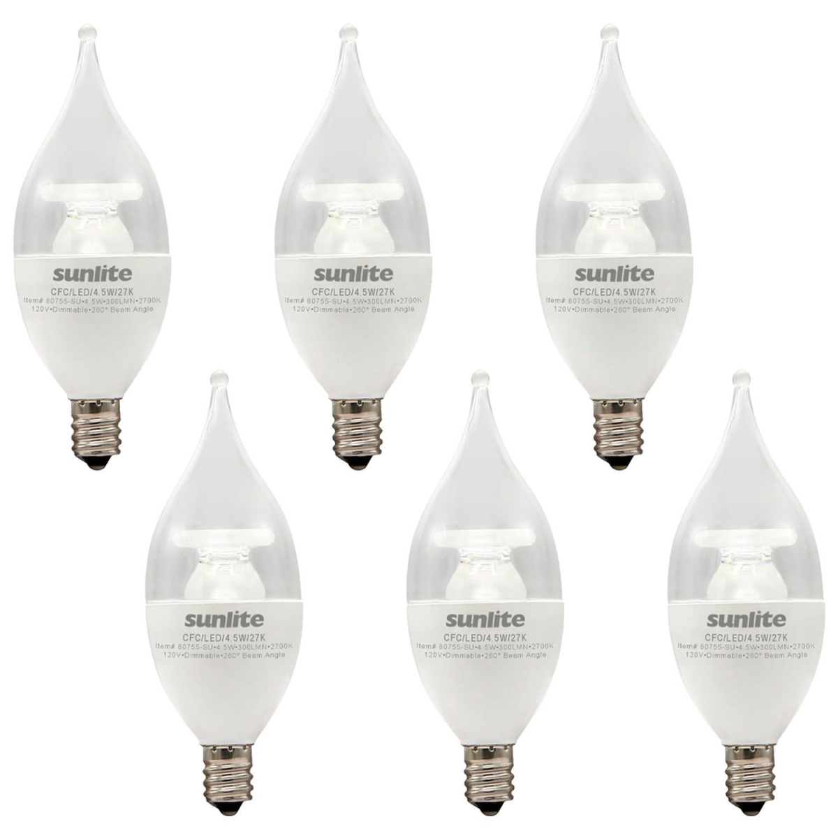 B3166984 Sunlite LED CA11 CFC Light Bulb - E12 Base - 4.5W - 300 Lumens - 2700K - Warm White - Pack of 6