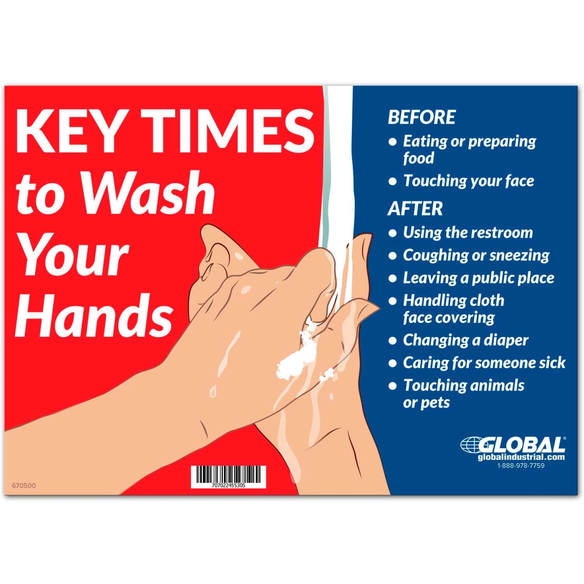 Global Industrial 670500 Key Times to Wash Your Hands Sign - 14 x 10 in. - Wall Adhesive