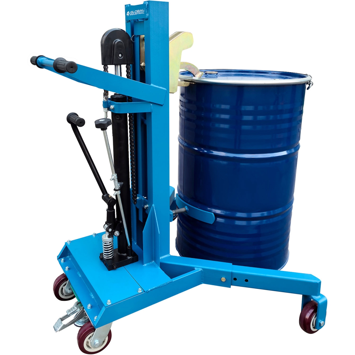 Global Industrial 615268 Hydraulic Drum Handler with Universal Grip & Adjustable Support - Blue - 1100 lbs