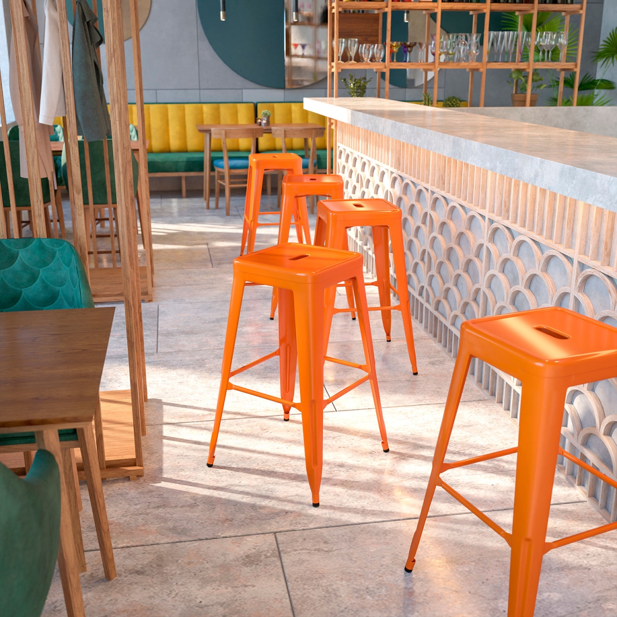 Backless Metal Barstool - Orange - 30 in. - Industrial Design - 500 lb Capacity