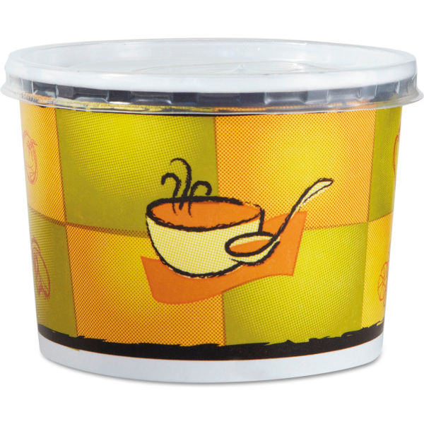 Picture of United Stationers Supply B3180710 Chinet Street Side Squat Food Container with Lid, Yellow & Green - 12 oz Cap - 5 x 4 in. - 250 per Case