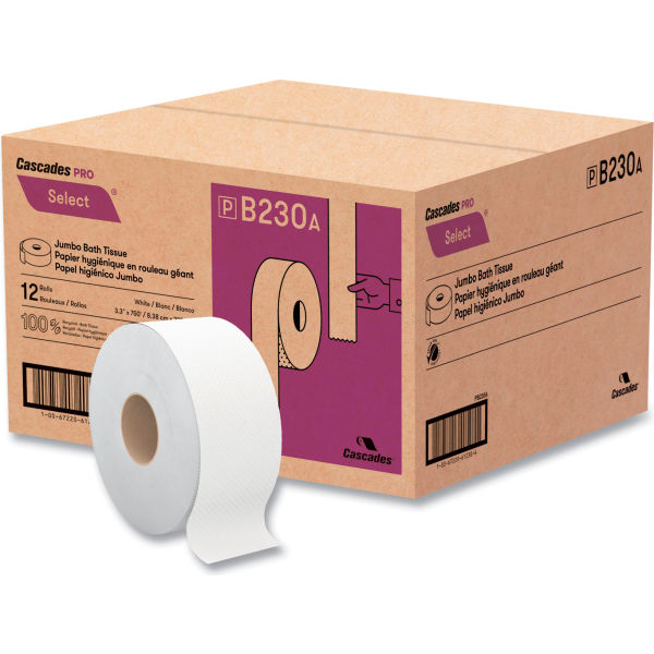 Picture of United Stationers Supply B3183709 Cascades PRO 2-Ply Select Jumbo Bath Tissue Septic Safe&#44; White - 750 ft. per Roll - 12 per Case