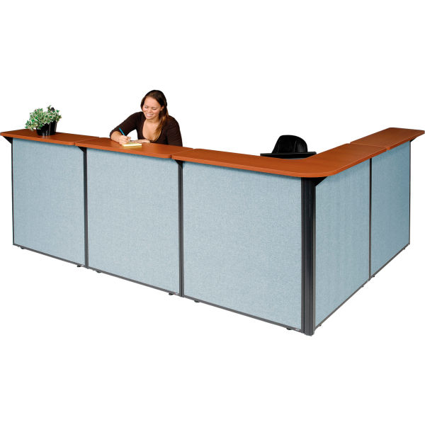 Global Industrial 3668418 Counter Blue Panel Interion L-Shaped Reception Station, Cherry - 116 x 80 x 44 in.