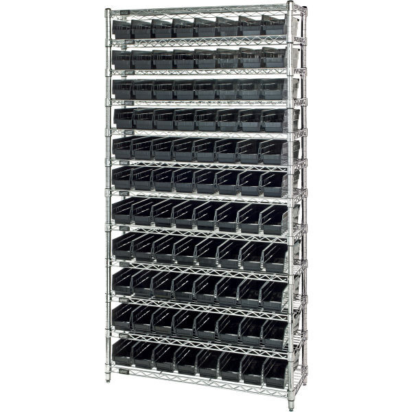 Steel Wire Shelving with Conductive Bins - Black - 12 Shelves - 36 x 24 x 74 in. - 6000 lb Capacity