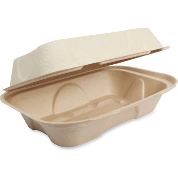 Picture of United Stationers Supply B3180919 World Centric Fiber Hinged Hoagie Box Container, Natural - 9.187 x 6.375 x 3.125 in. - 500 per Case