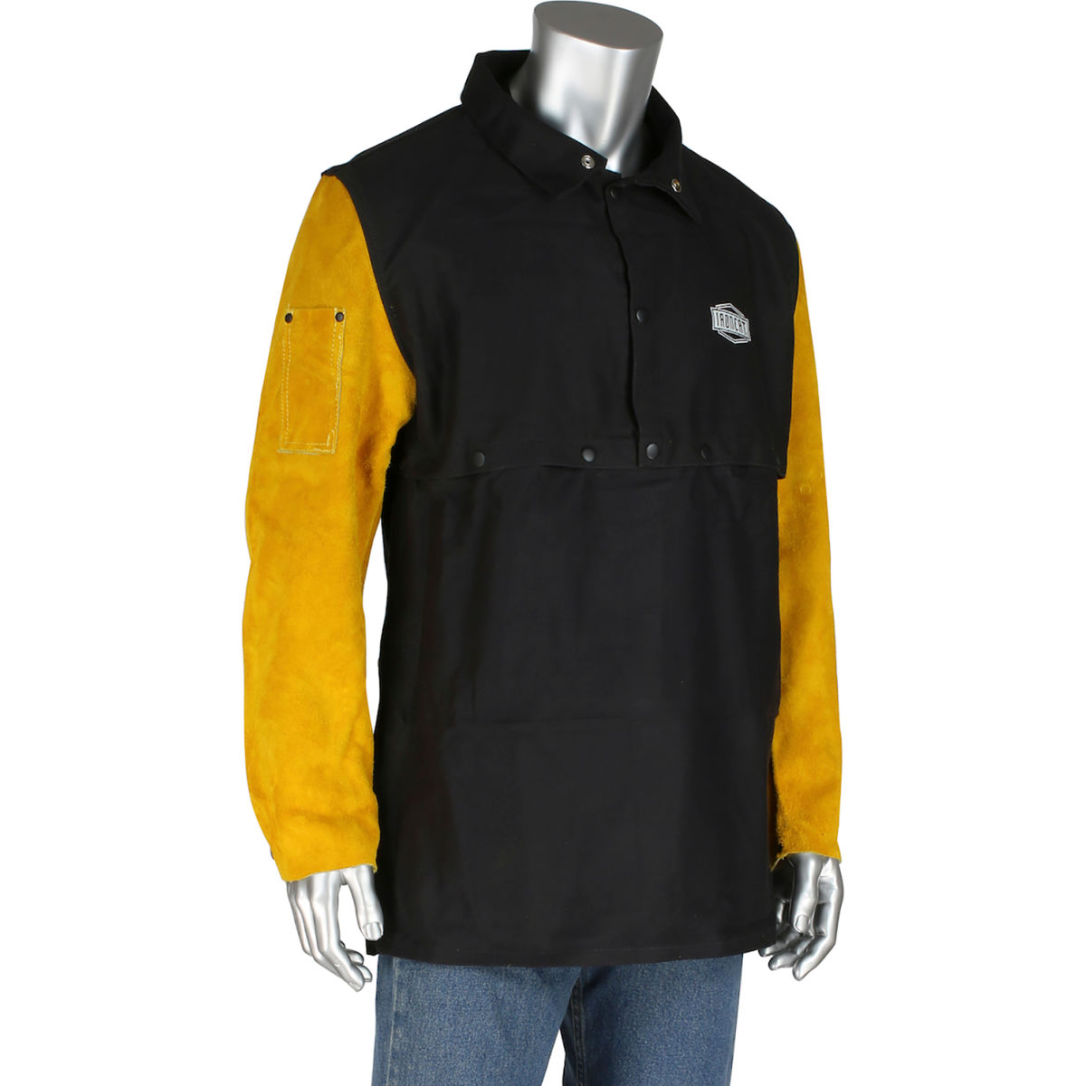 Picture of PIP Industries B3116124 Iron Cat FR Cotton Leather Cape Sleeve Apron with Black Anodized Snap, Dark Brown - Extra Small