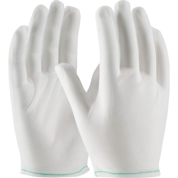 B2274087 41 Clean Team Inspect Denier Tricot Nylon Rolled Hem Mens Gloves, White - Medium