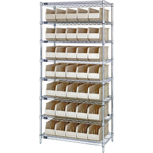 B815648 WR8-441 Chrome Wire Shelving with 35 SSB441 Stackable Shelf Bins, Ivory - 36 x 14 x 74 in.