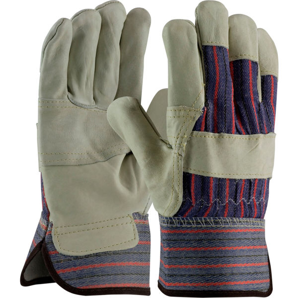 Economy Grain Top Grain Cowhide Leather Palm Glove with Fabric Back, Rubberized Safety Cuff, 12PK