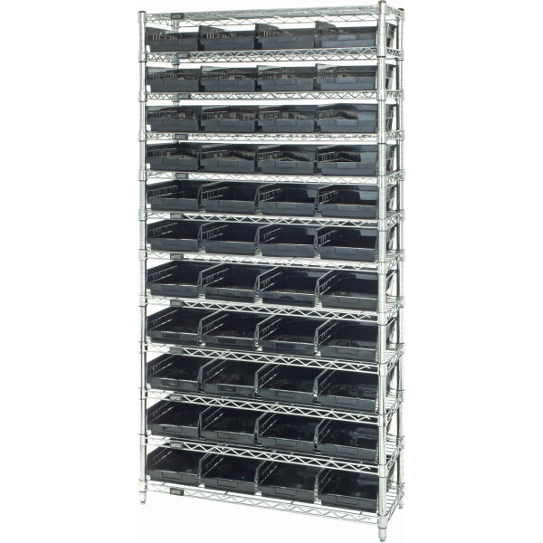 B2391946 Steel Wire Shelving with 44 Conductive 4 in. Bins, Black - 12 Shelves - 36 x 24 x 74 in.