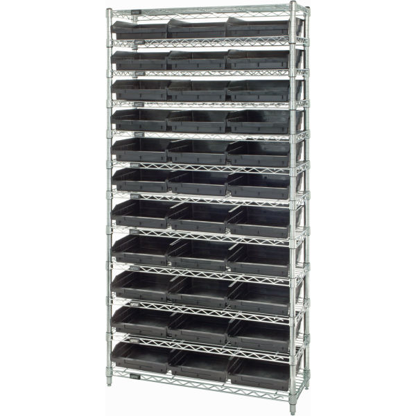 B2391945 Steel Wire Shelving with 33 Conductive 4 in. Bins, Black - 12 Shelves - 36 x 24 x 74 in.