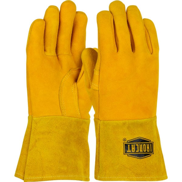 B1030747 Ironcat Insulated Top Grain Reverse Deerskin MIG All Leather Welding Gloves, Yellow & Gold - Medium