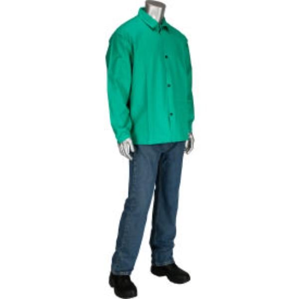 FR Jacket, Green, Cotton, 23-1/2 in Chest, Resists: Light Spark and Spatter, ASTM D6413