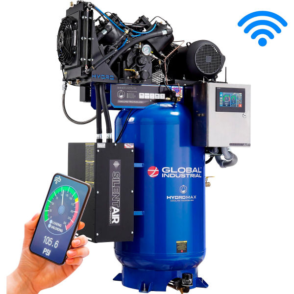 Picture of Global Industrial 133815 10HP 80 gal 3 Phase 460V Hydro Max Variable Speed 2 Stage Air Compressor&#44; Blue