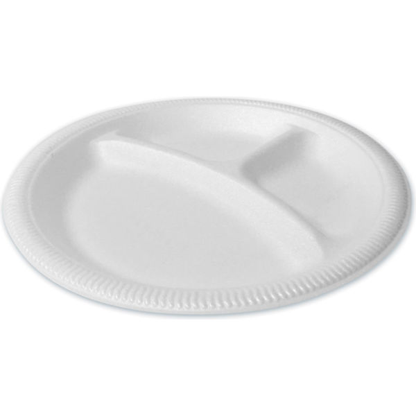 Picture of United Stationers Supply B3180583 Plastifar 3-Compartment Foam Dinnerware Plates, White - 9 in. - 125 per Sleeve - 4 Sleeves per Bag