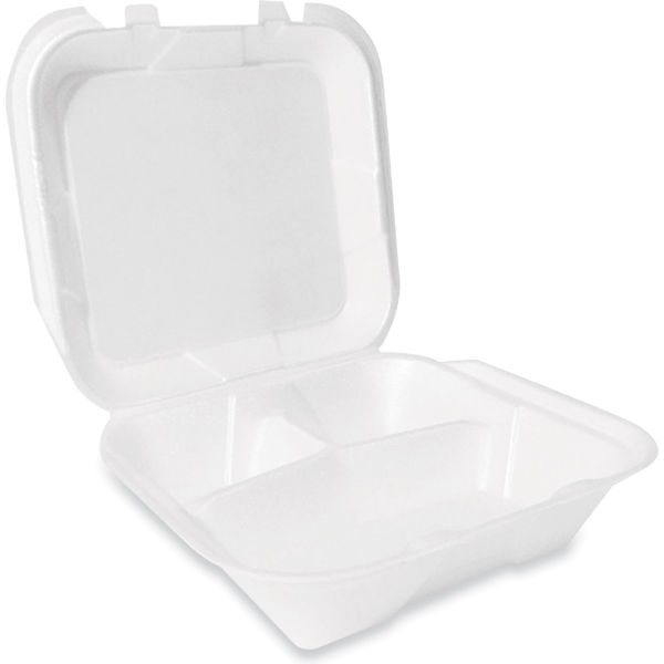 Picture of United Stationers Supply B3180879 Plastifar 3-Compartment Hinged Lid Container Secure Two Tab Latch, White - 100 per Bag - 2 Bags per Case