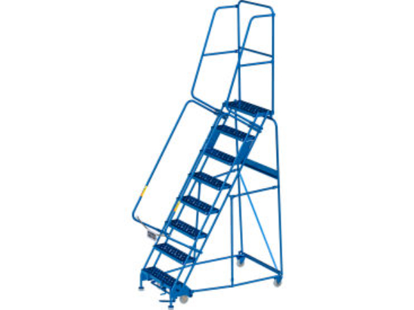 Global Industrial B3202255 24 in. 8 Step Steel Rolling Ladder - Perforated Step Cal-OSHA Handrail - Blue