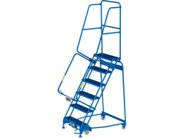 Global Industrial B3202251 24 in. 6 Step Steel Rolling Ladder - Perforated Step Cal-OSHA Handrail - Blue