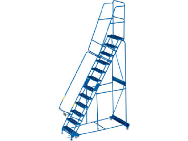Global Industrial B3202253 24 in. 12 Step Steel Rolling Ladder - Perforated Step Cal-OSHA Handrail- Blue
