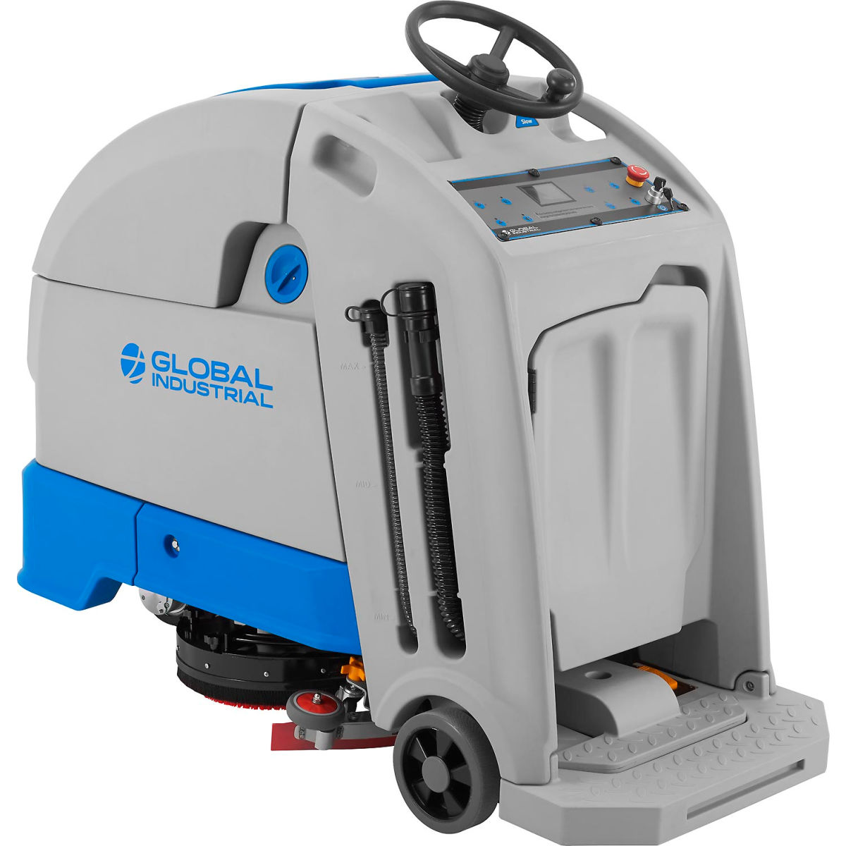Global Industrial 641860 Auto Stand-On Floor Scrubber, 24 in. Cleaning Path - Blue & Gray
