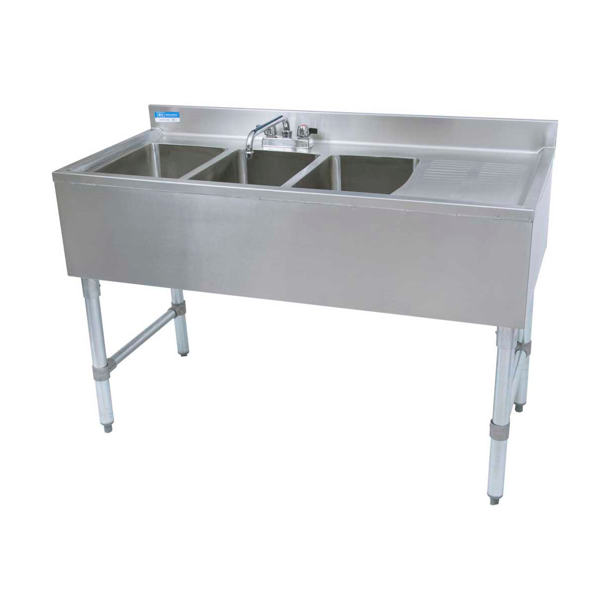 BK Resources UB4-21-348RS 48 Underbar Sink Unit w/ 3 Compartments - 13 5/8 Right Drainboard, Stainless Steel Legs