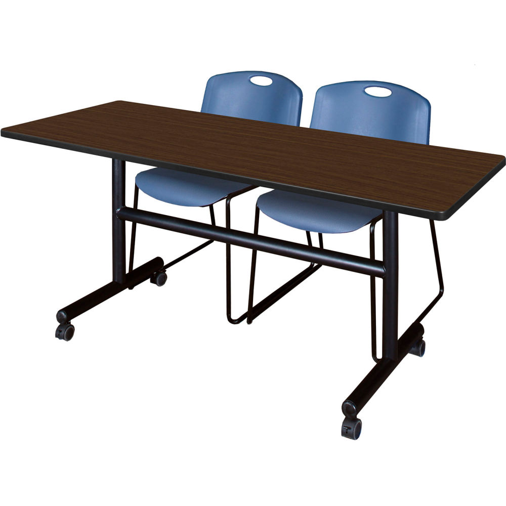 B3219387 Kobe Training Nesting Table with 2 Zeng Blue Stack Chairs, Neo Walnut - 60 x 24 in.