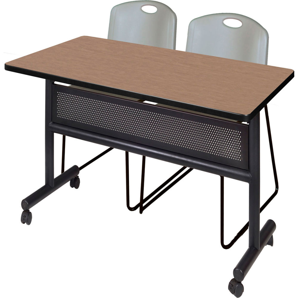 B3219501 Kobe Privacy Nesting Table with 2 Zeng Gray Stack Chairs, Noble Oak - 48 x 30 in.