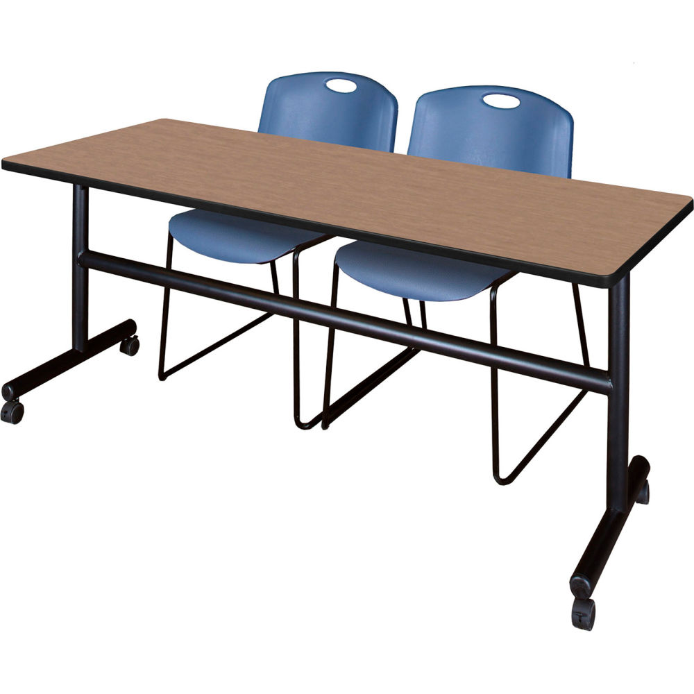 B3219592 Kobe Training Nesting Table with 2 Zeng Blue Stack Chairs, Noble Oak - 72 x 24 in.