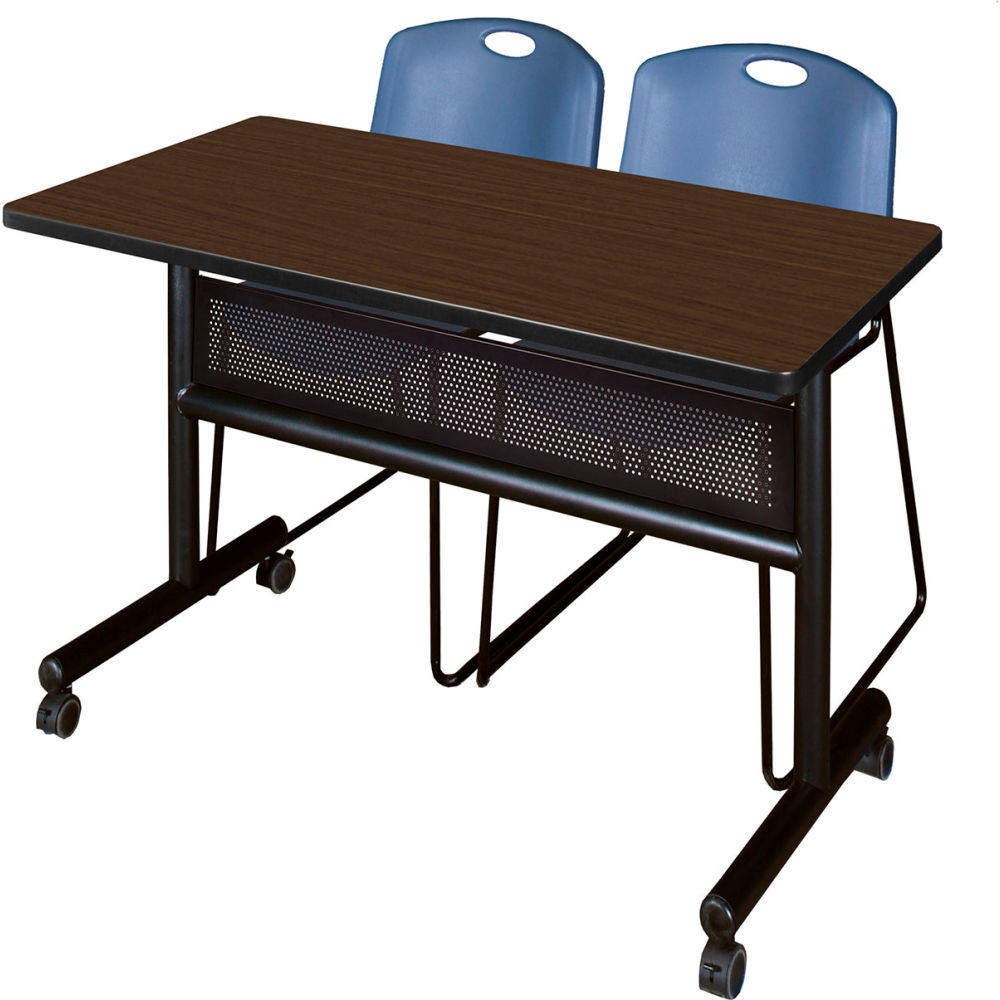 B3219498 Kobe Privacy Nesting Table with 2 Zeng Blue Stack Chairs, Neo Walnut - 48 x 24 in.