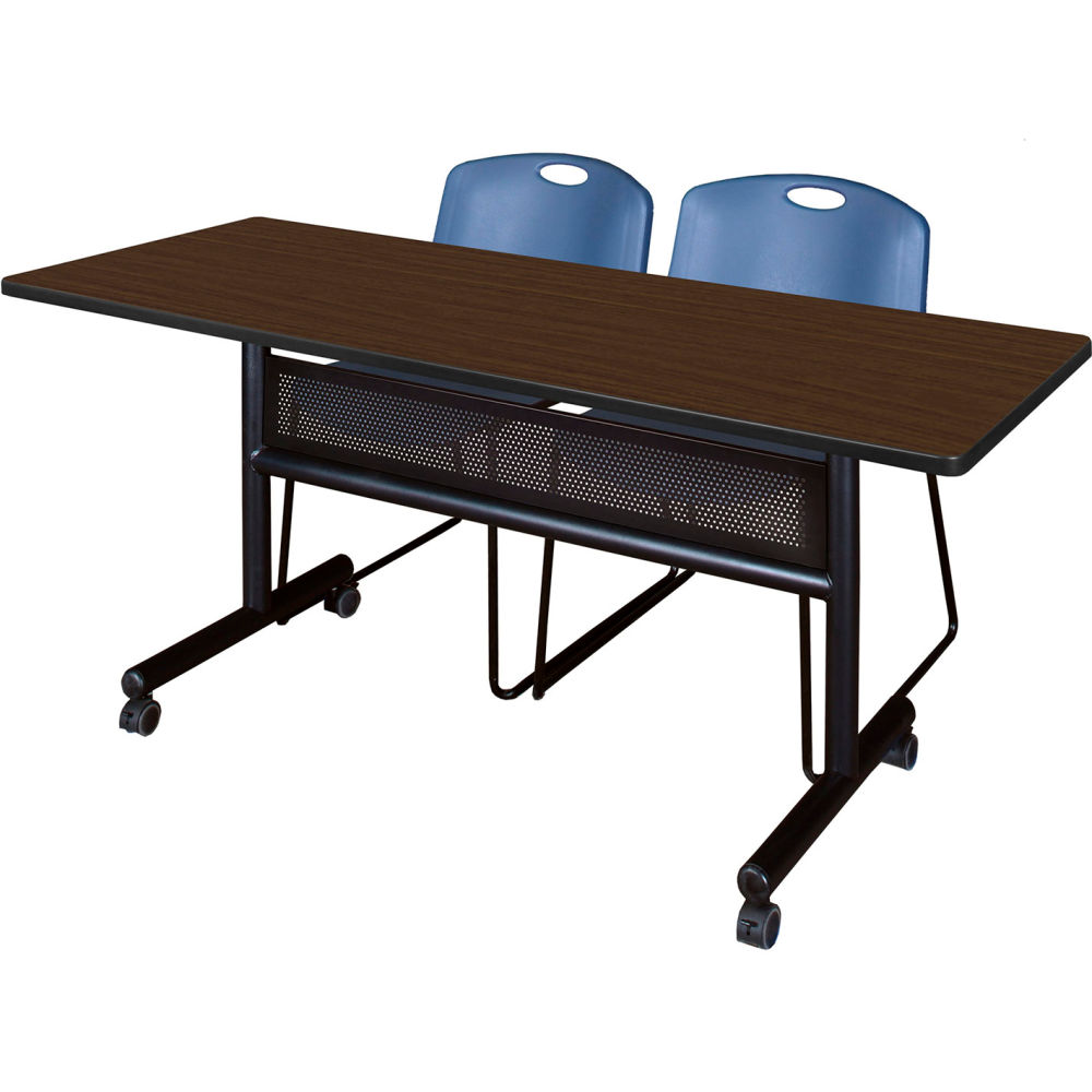 B3219548 Kobe Privacy Nesting Table with 2 Zeng Blue Stack Chairs, Neo Walnut - 60 x 24 in.