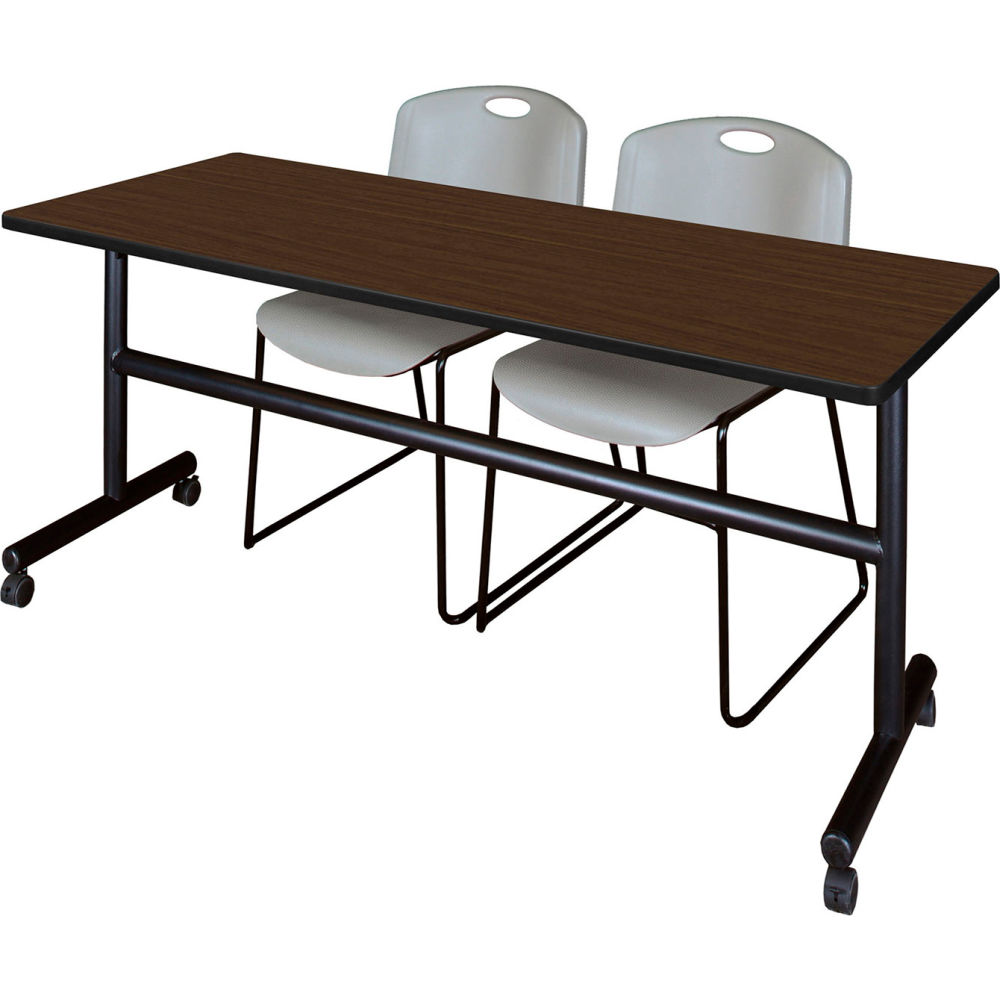 B3219540 Kobe Training Nesting Table with 2 Zeng Gray Stack Chairs, Neo Walnut - 72 x 24 in.