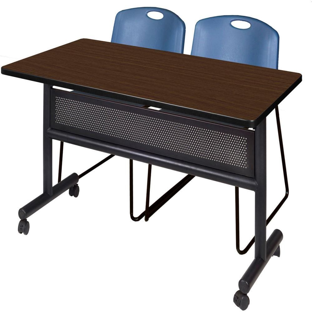 B3219509 Kobe Privacy Nesting Table with 2 Zeng Blue Stack Chairs, Neo Walnut - 48 x 30 in.