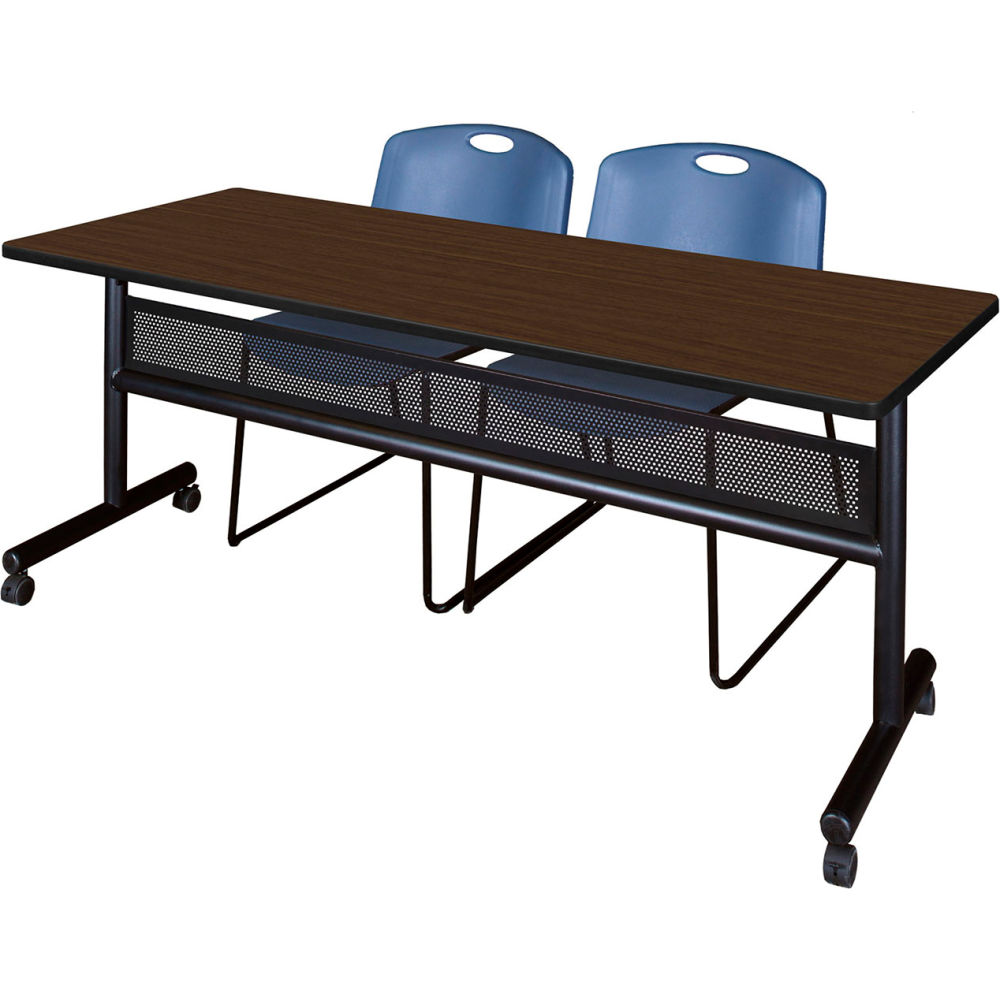 B3219629 Kobe Privacy Nesting Table with 2 Zeng Blue Stack Chairs, Neo Walnut - 72 x 24 in.