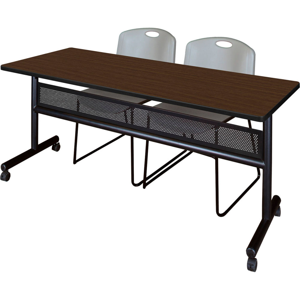 B3219671 Kobe Privacy Nesting Table with 2 Zeng Gray Stack Chairs, Neo Walnut - 72 x 24 in.