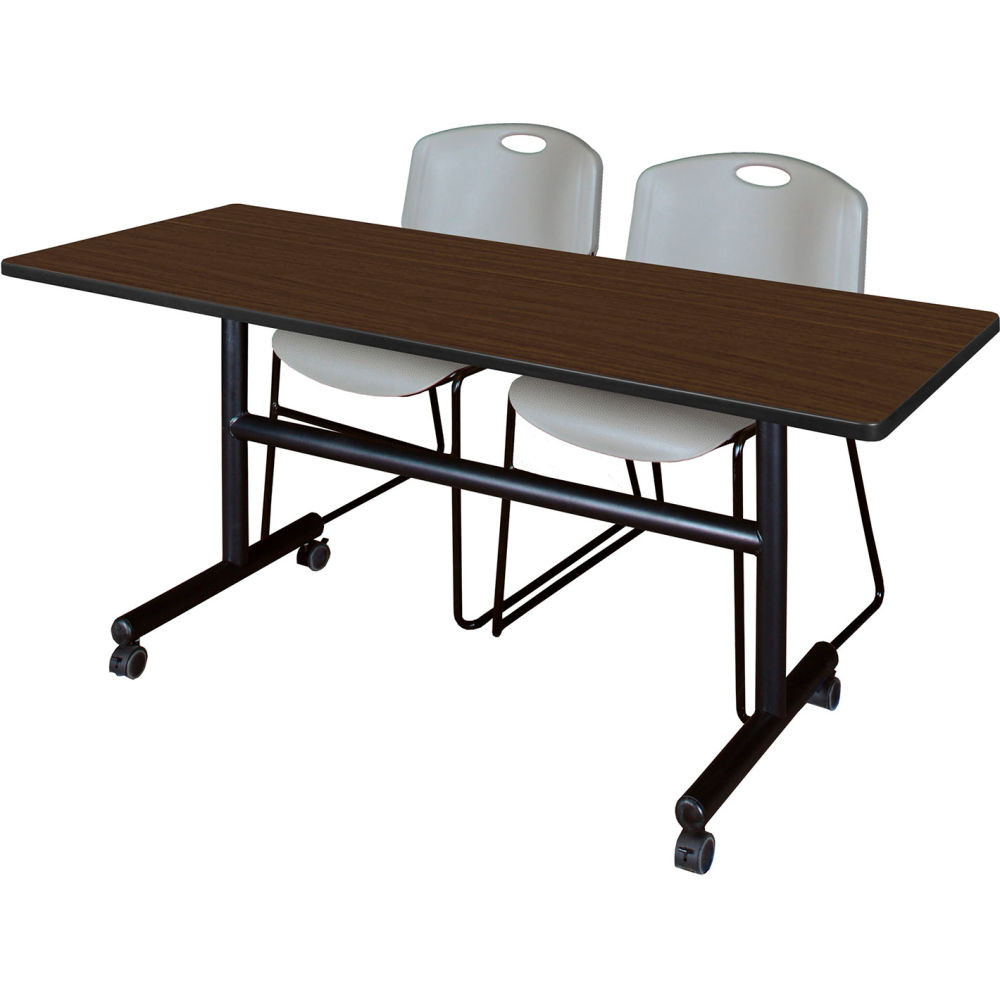 B3219490 Kobe Training Nesting Table with 2 Zeng Gray Stack Chairs, Neo Walnut - 60 x 24 in.