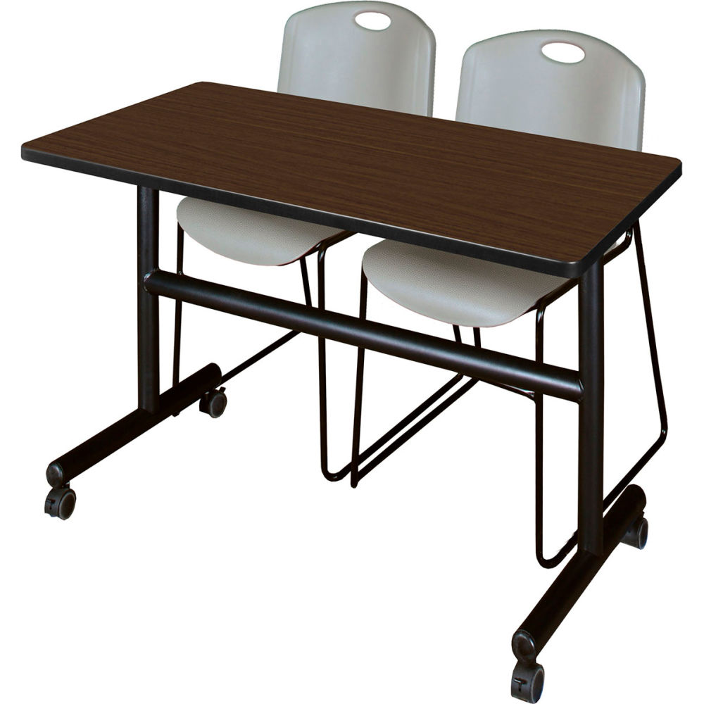 B3219402 Kobe Training Nesting Table with 2 Zeng Gray Stack Chairs, Neo Walnut - 48 x 24 in.