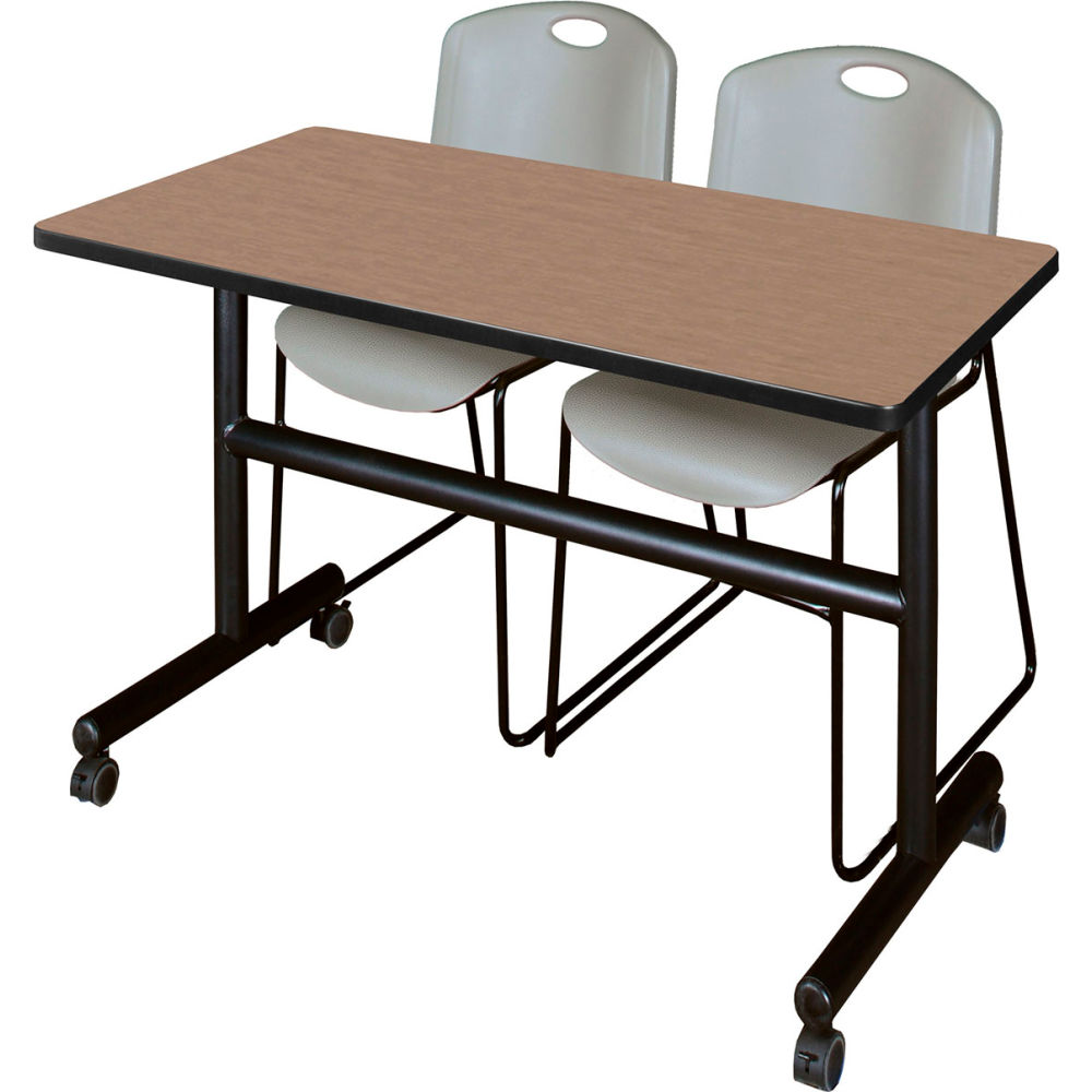 B3219468 Kobe Training Nesting Table with 2 Zeng Gray Stack Chairs, Noble Oak - 48 x 24 in.