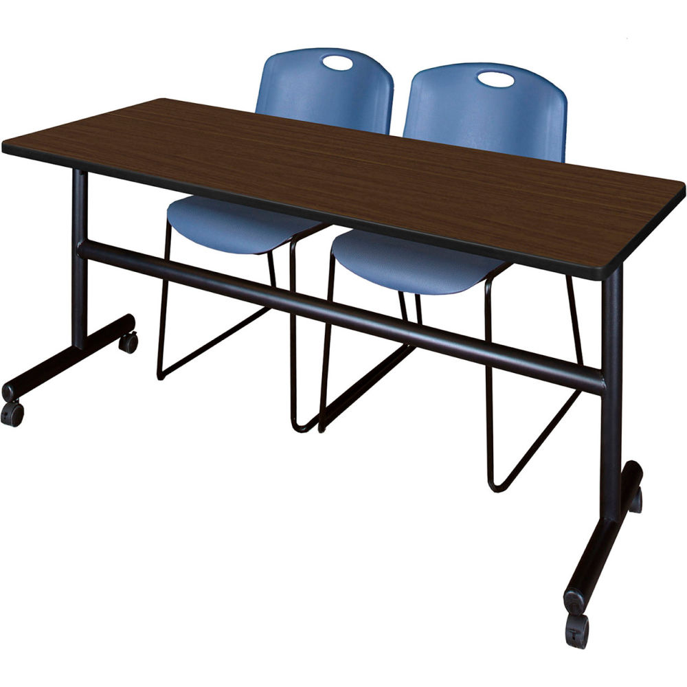 B3219576 Kobe Training Nesting Table with 2 Zeng Blue Stack Chairs, Neo Walnut - 72 x 24 in.
