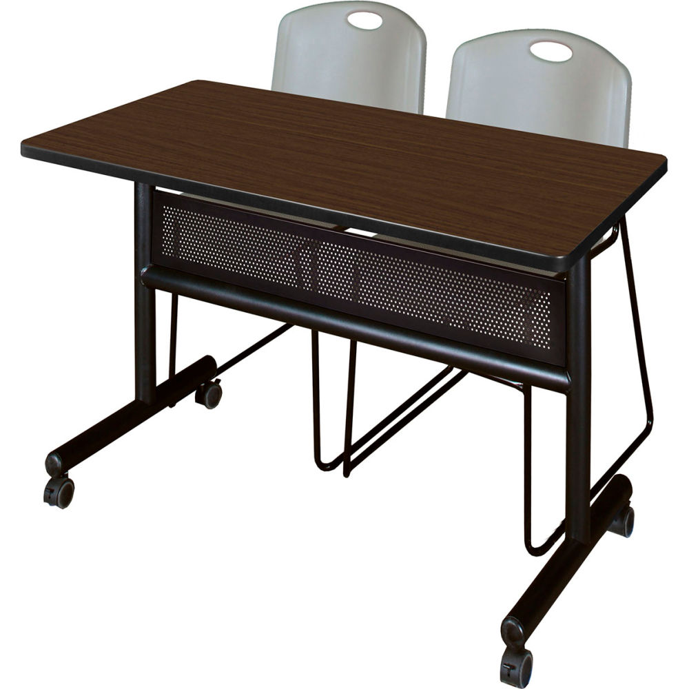B3219530 Kobe Privacy Nesting Table with 2 Zeng Gray Stack Chairs, Neo Walnut - 48 x 24 in.