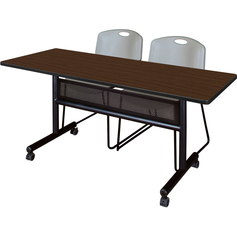 B3219583 Kobe Privacy Nesting Table with 2 Zeng Gray Stack Chairs, Neo Walnut - 60 x 24 in.