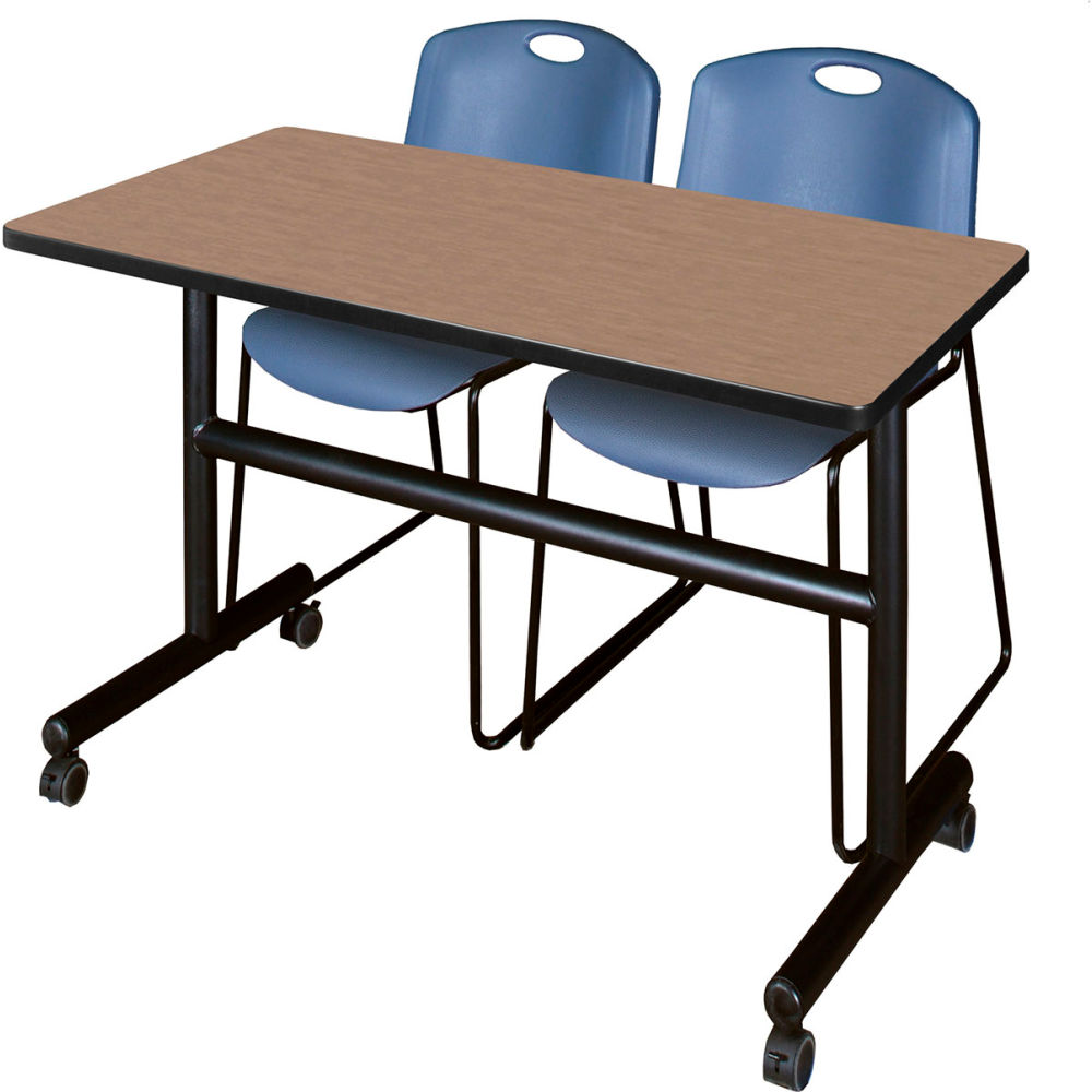 B3219443 Kobe Training Nesting Table with 2 Zeng Blue Stack Chairs, Noble Oak - 48 x 24 in.
