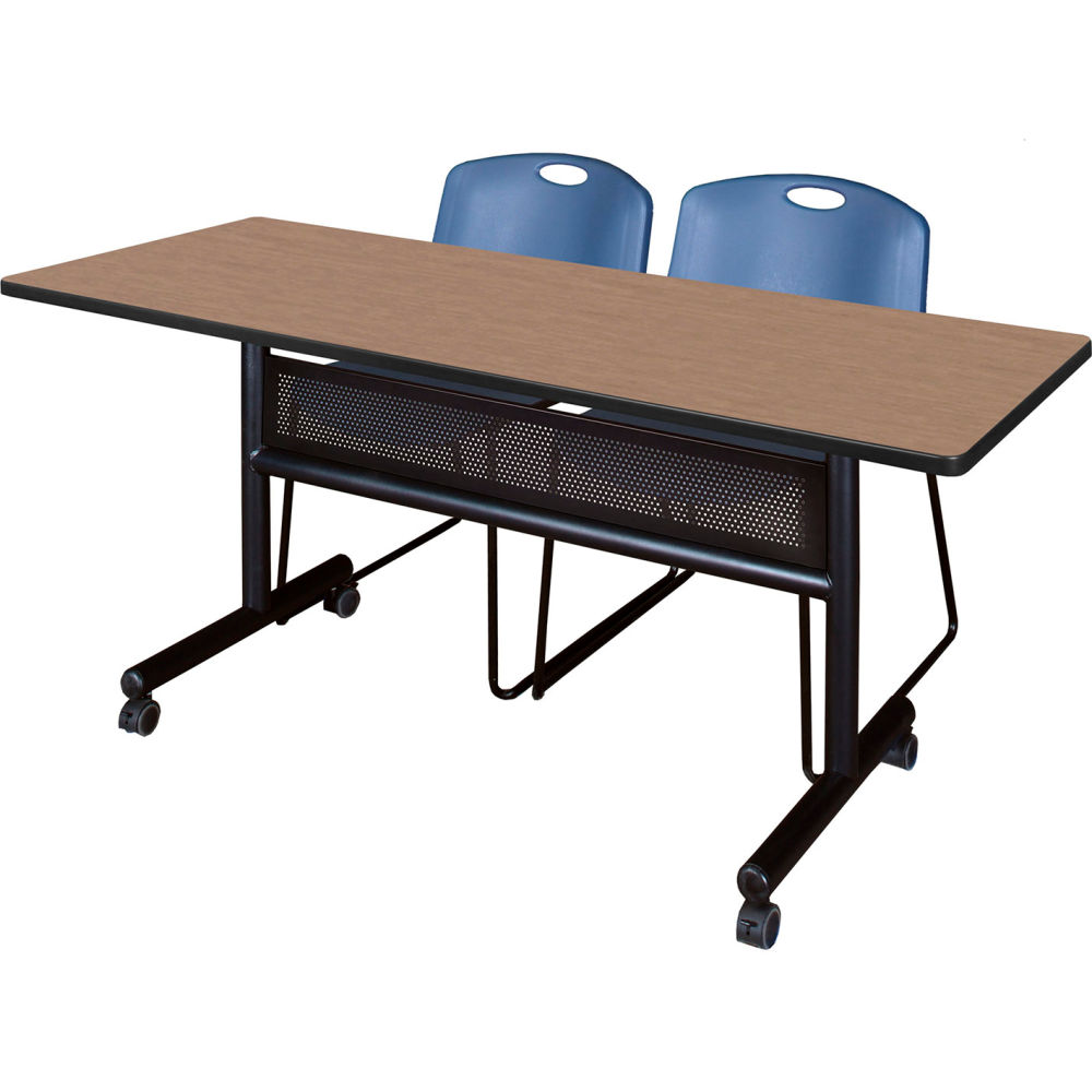 B3219513 Kobe Privacy Nesting Table with 2 Zeng Blue Stack Chairs, Noble Oak - 60 x 24 in.