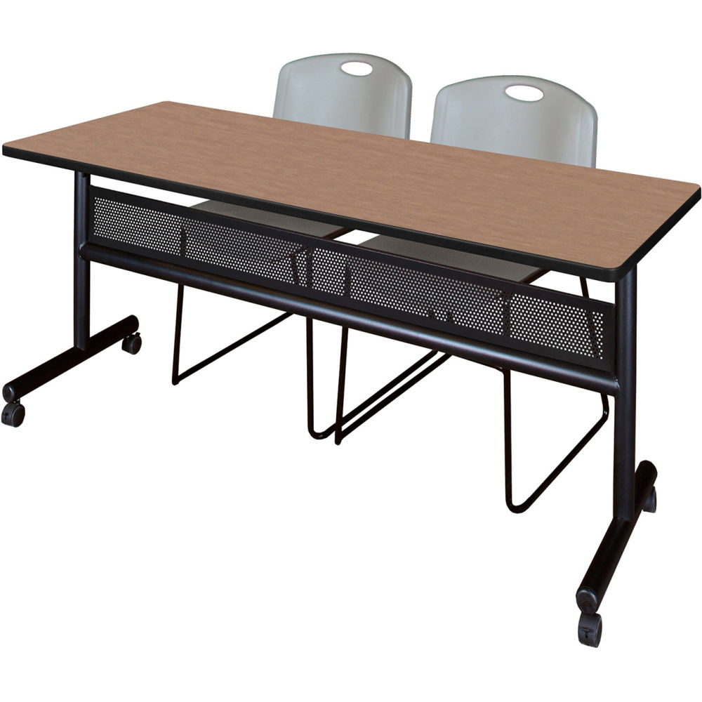 B3219609 Kobe Privacy Nesting Table with 2 Zeng Gray Stack Chairs, Noble Oak - 72 x 24 in.