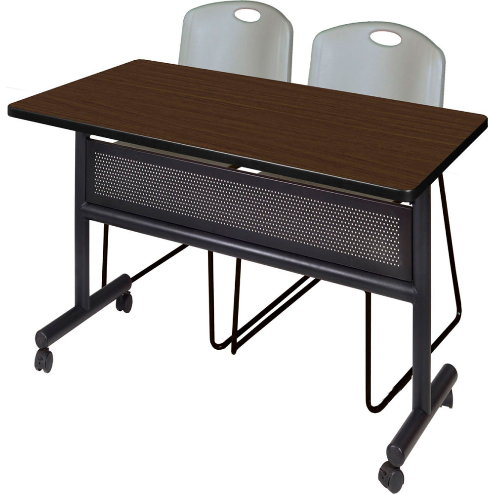 B3219544 Kobe Privacy Nesting Table with 2 Zeng Gray Stack Chairs, Neo Walnut - 48 x 30 in.