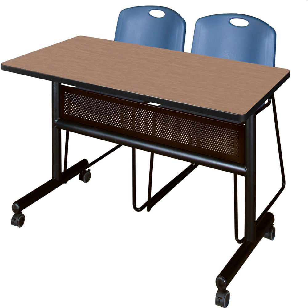 B3219409 Kobe Privacy Nesting Table with 2 Zeng Blue Stack Chairs, Noble Oak - 48 x 24 in.